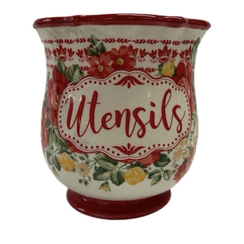 Pioneer Woman Vintage Floral Stoneware Utensil Holder Jar Farmhouse Kitchen Chef
